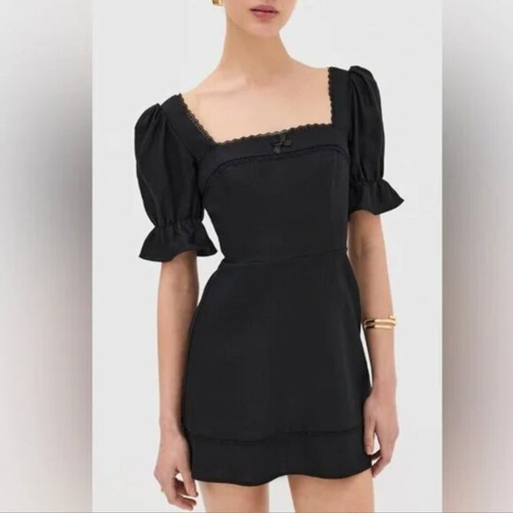 Reformation Evianna Linen Dress Black Square Neck Lace Mini Classic Size 0 - Picture 12 of 13